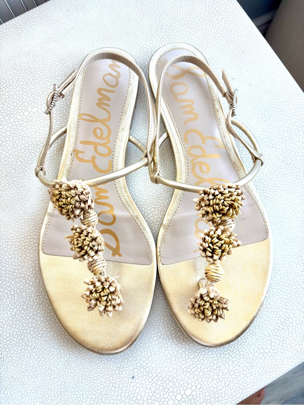 Sam Edelman Metallic Gold w/ Raffia Pom-Pom Sandals